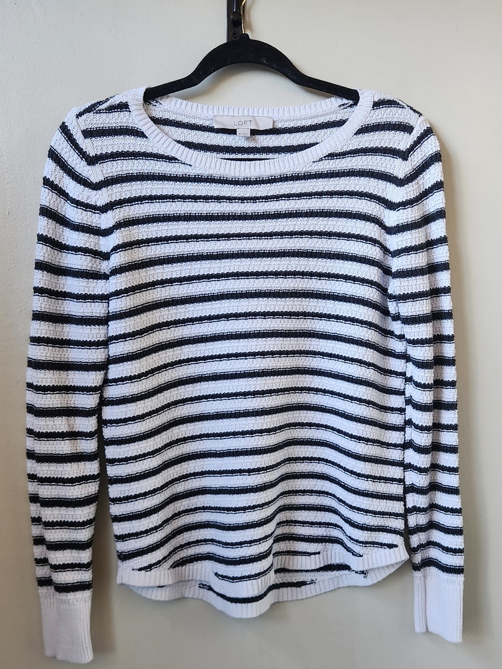 LOFT Black and White Waffle Knit Striped Crewneck Sweater